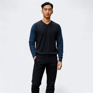 Vince Cotton Knit Men's Blue V-Neck Long Sleeve Colorblock Pullover Sweater L
